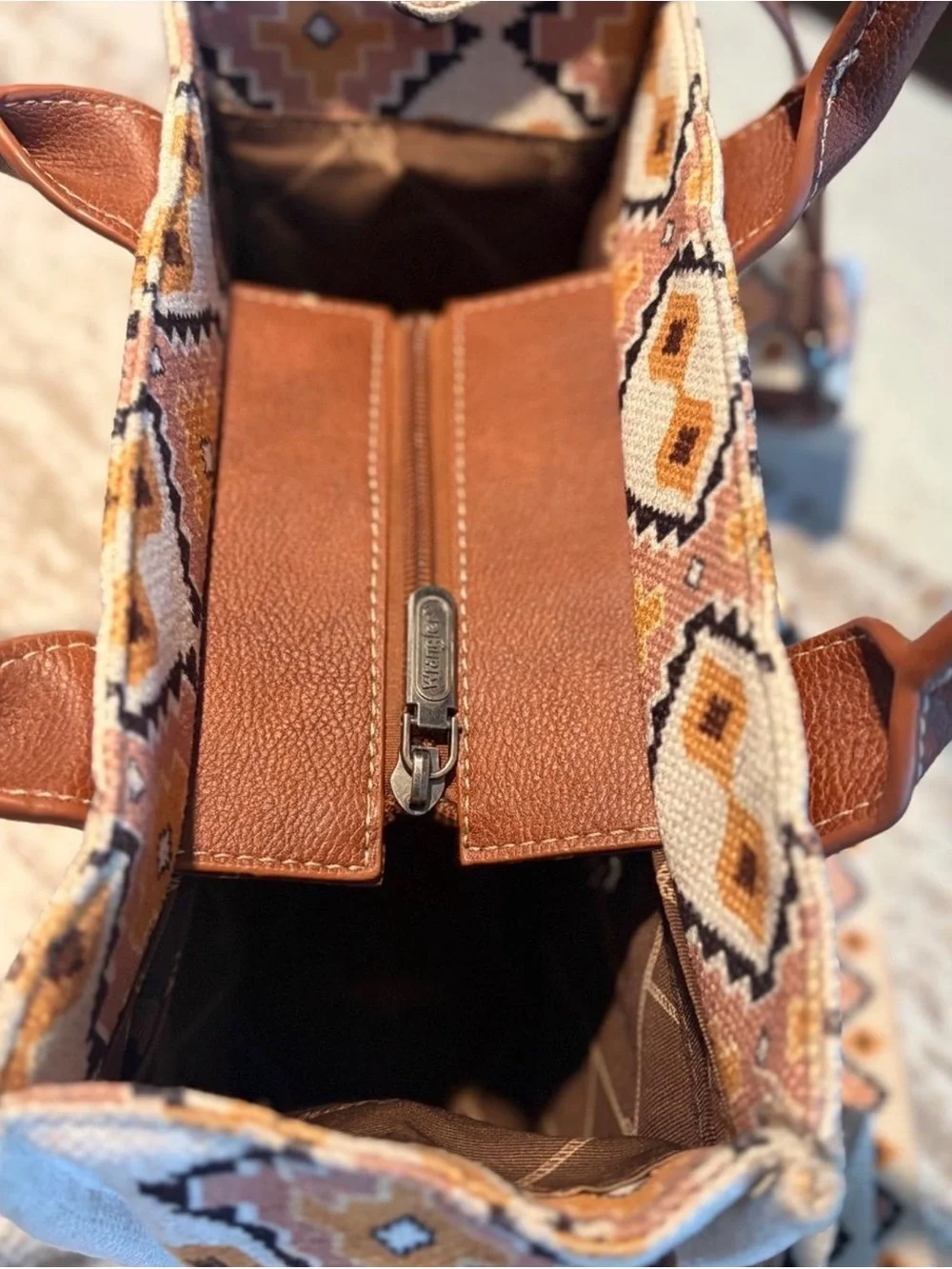 Wrangler Aztec Southwestern Canvas Crossbody Mini Tote Bag - Brown & Cream